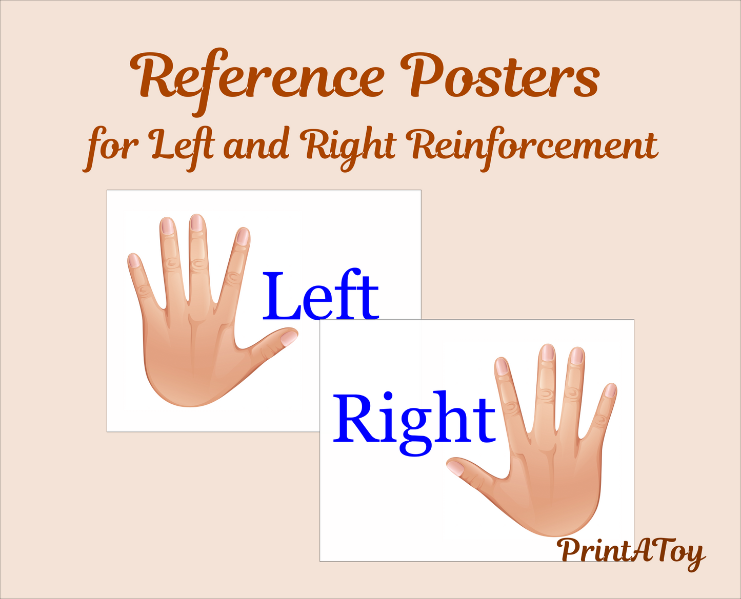 "Minimalist poster featuring illustrations of left and right hands, clearly labeled 'Left' and 'Right' on a white background.