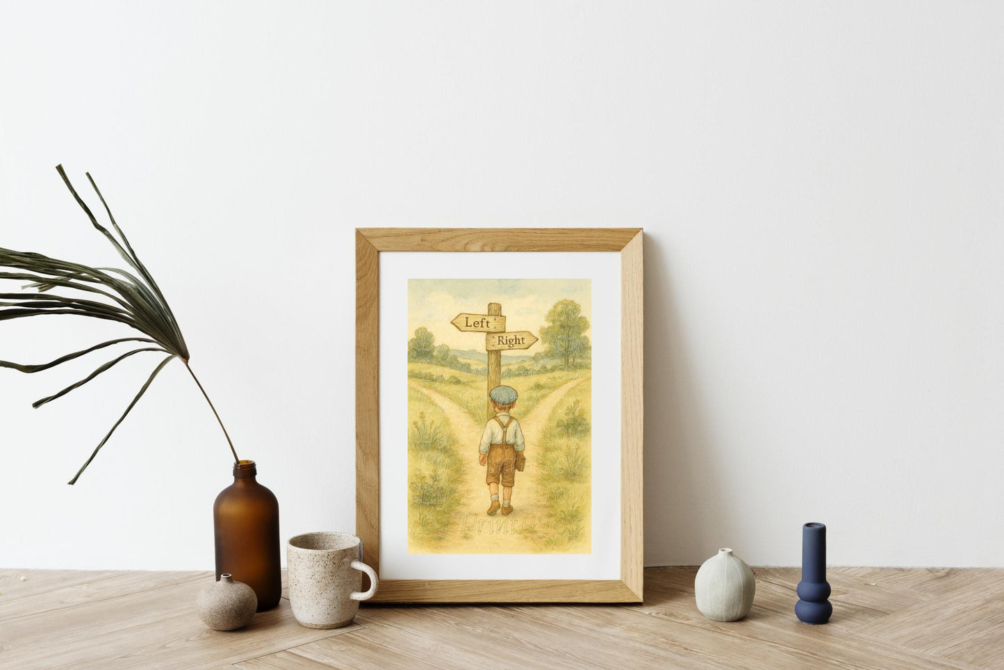 Framed storybook-style printable poster featuring a boy at a crossroads sign, shown on a wooden table with decor – homeschool wall art to teach left and right.