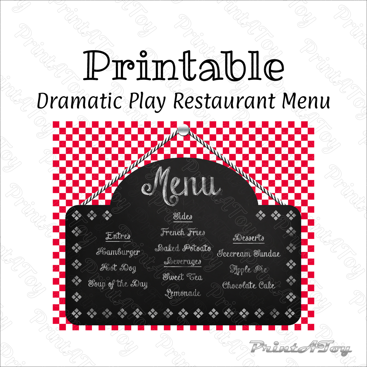 Printable Dramatic Play Restaurant Menu with red and white checkered border