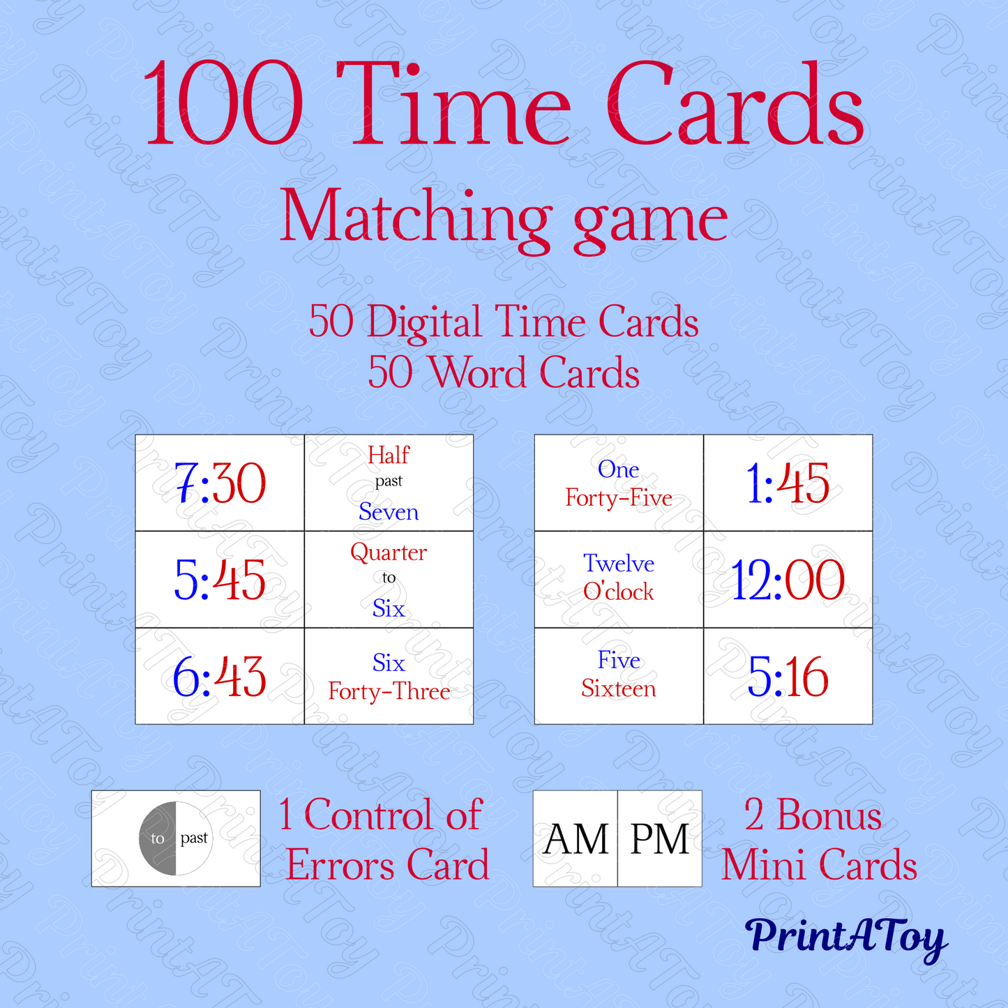Printable Telling Time Bundle | Clock Face + 100 Color-Coded Time Cards