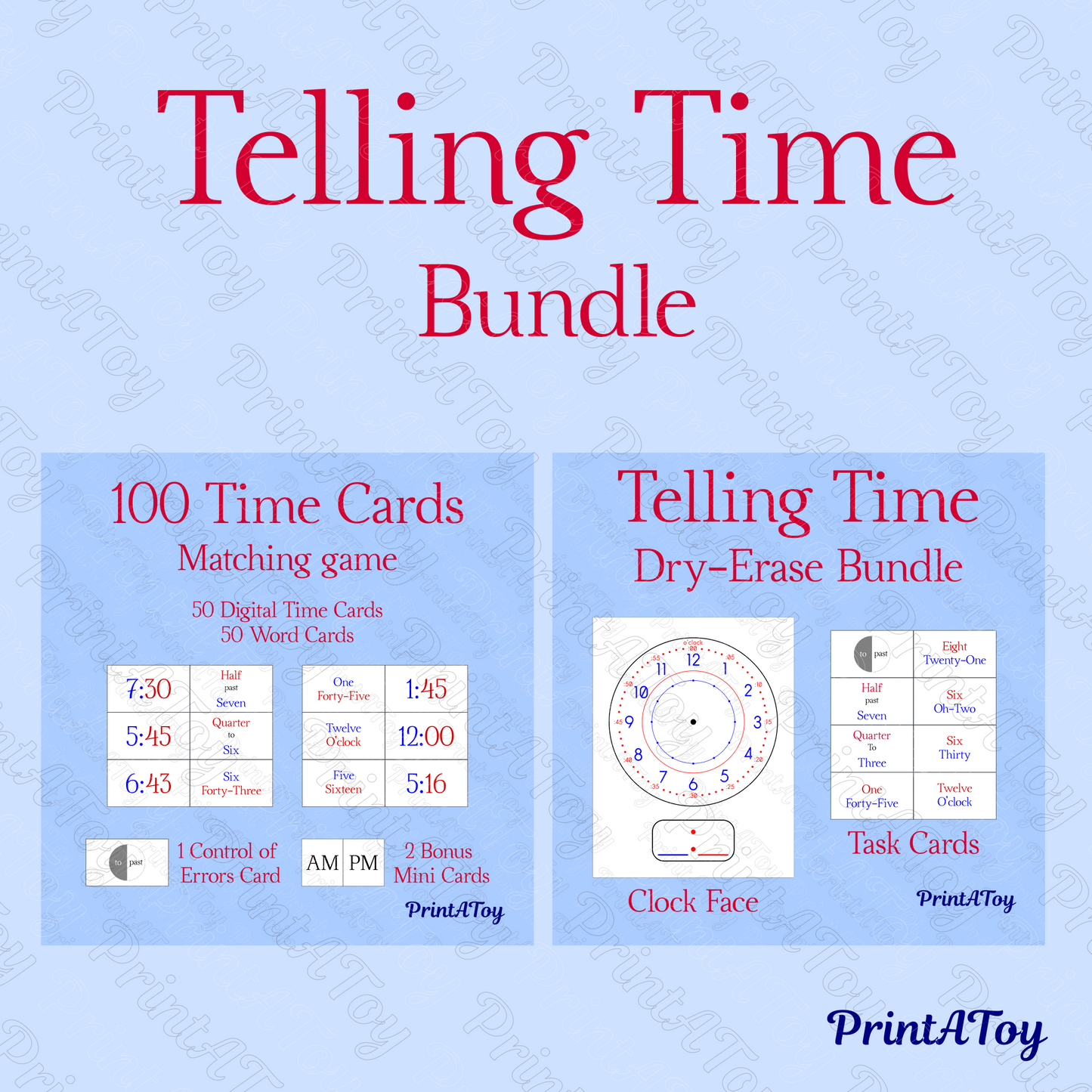 Printable Telling Time Bundle | Clock Face + 100 Color-Coded Time Cards