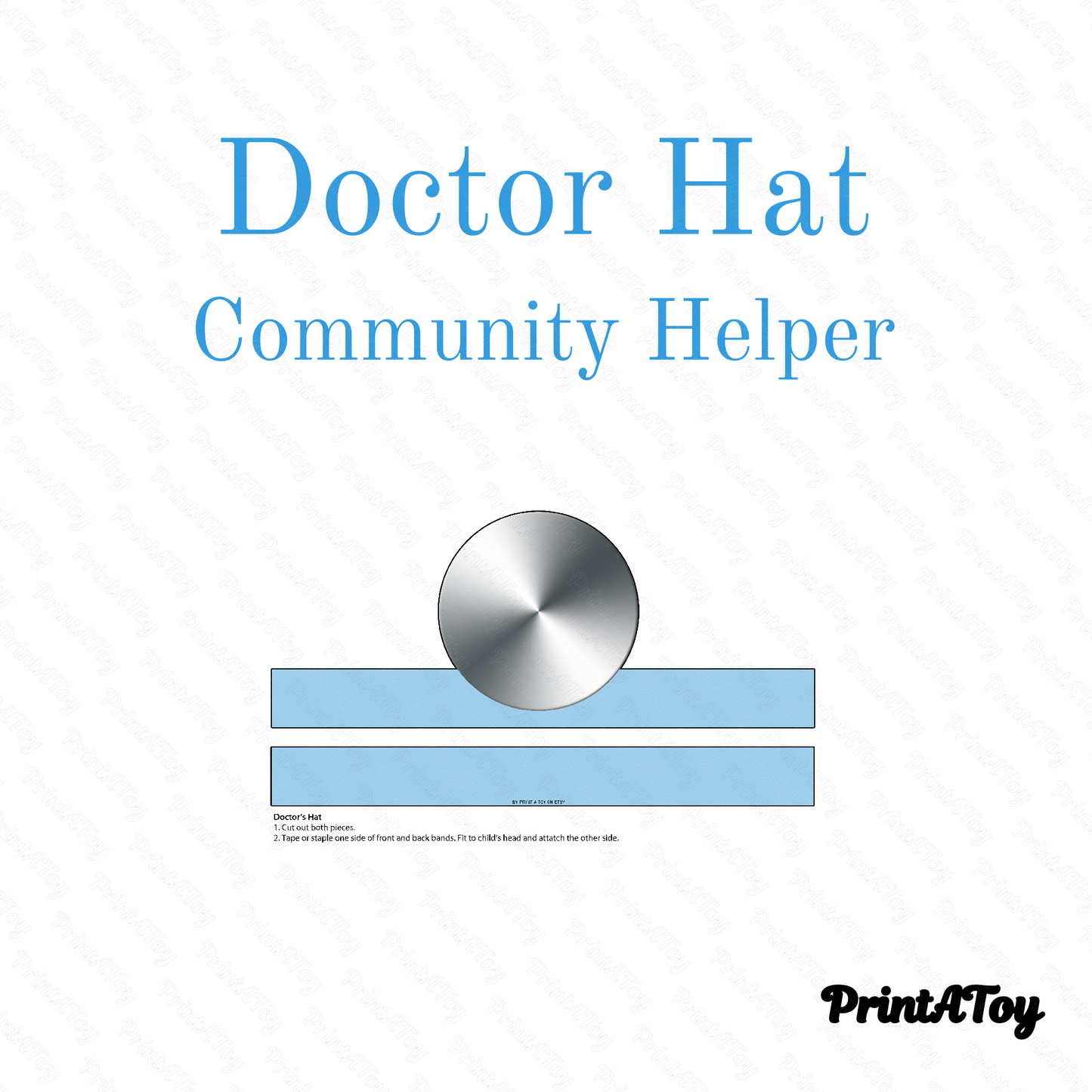 Printable doctor’s hat template with blue band and silver head mirror, displayed flat for community helper and dramatic play activities.