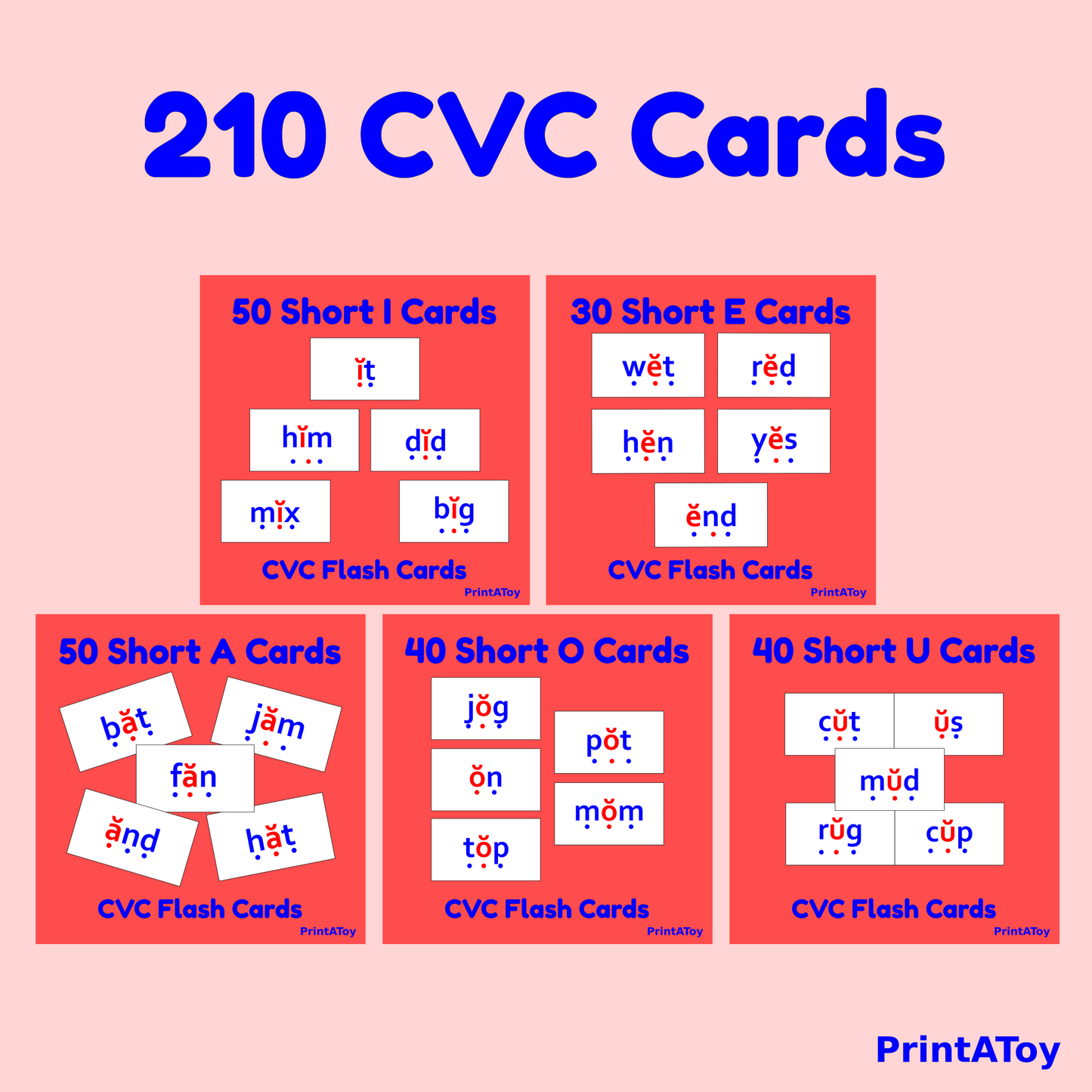 CVC flash cards with different vowel combinations on a pink background, featuring the brand 'PrintAToy'.