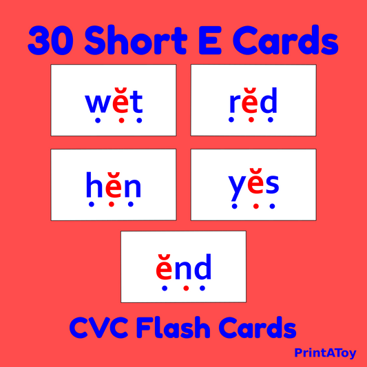 CVC flash cards with short E words on a red background