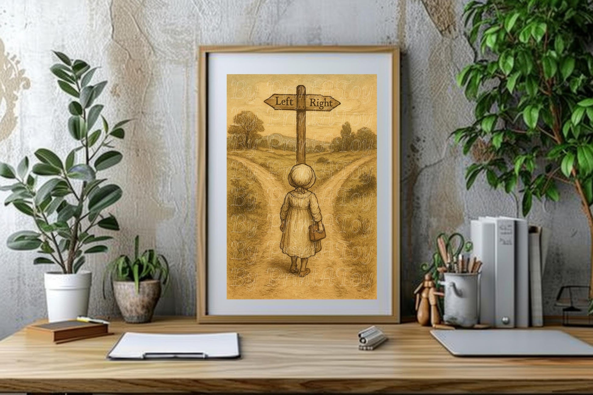 "Framed vintage-style printable poster of a girl at a crossroads with left and right signs, displayed on a desk with plants – homeschool wall art for teaching directions.