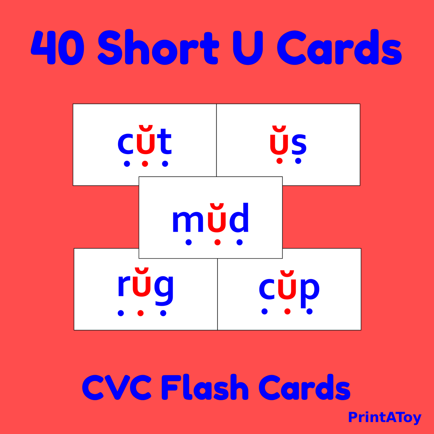 40 Short U CVC Flash Cards | Orton-Gillingham Decodable Reading Resource for Kid