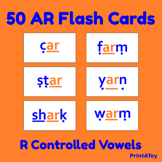 Set of AR Flash Cards with R Controlled Vowels on an orange background