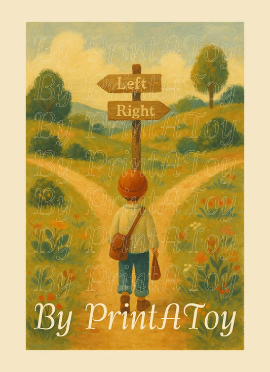 Modern painterly poster of child choosing left or right path at crossroads – printable homeschool wall art
