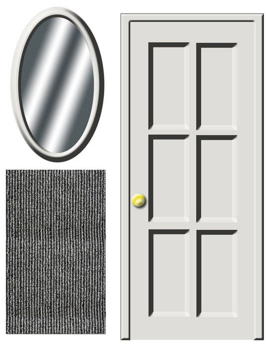 White Doll House Door with rug and mirror