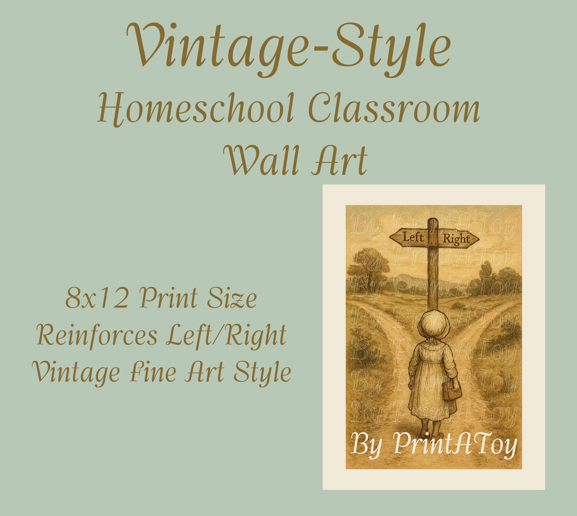 Vintage-style printable homeschool poster of a girl at a crossroads with directional signs, for teaching left and right.