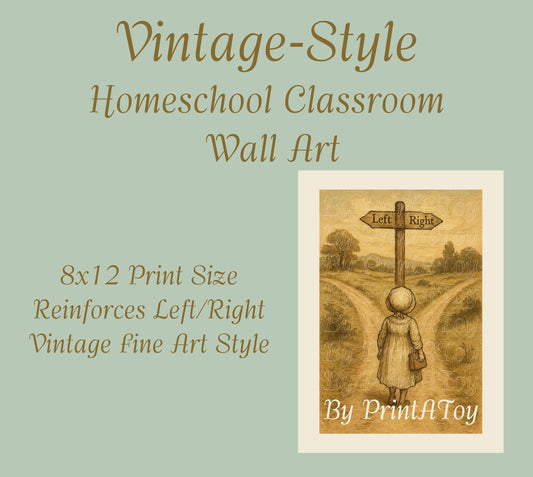 Vintage-style printable homeschool poster of a girl at a crossroads with directional signs, for teaching left and right.