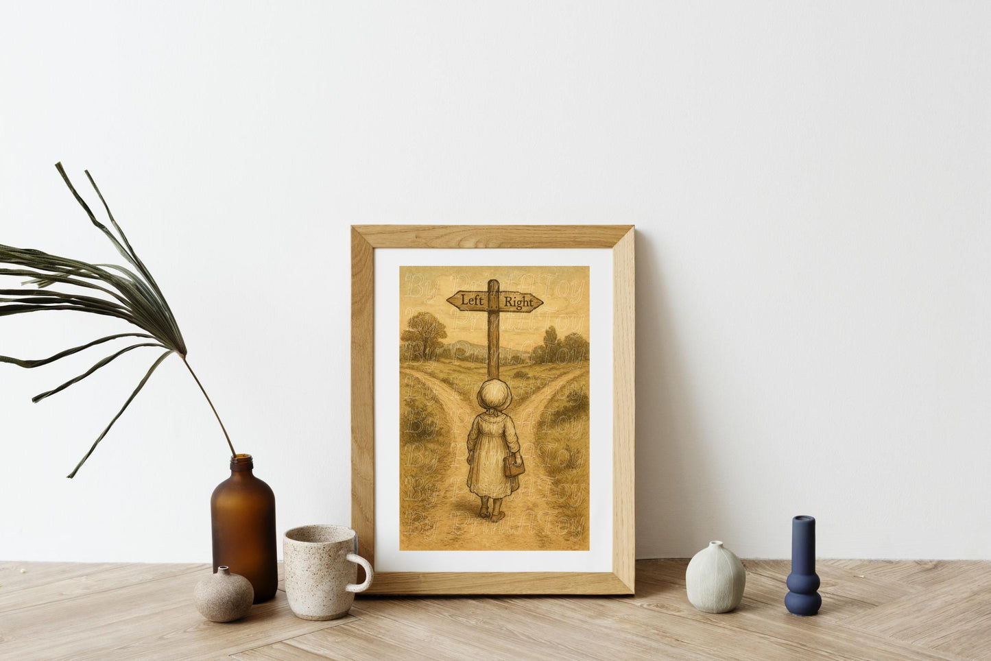 Vintage-style printable homeschool poster of a girl walking on a path with a crossroads sign, displayed in a frame on a minimalist wooden desk – wall art for teaching left and right.