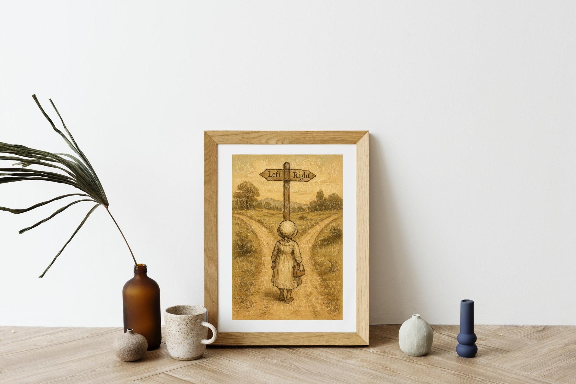 Vintage-style printable homeschool poster of a girl walking on a path with a crossroads sign, displayed in a frame on a minimalist wooden desk – wall art for teaching left and right.