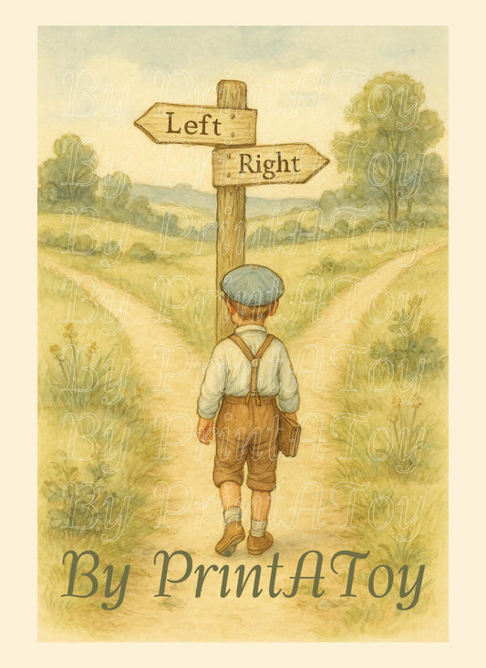 Storybook-style printable poster of a boy at a crossroads with signs pointing left and right – homeschool wall art to teach left/right.