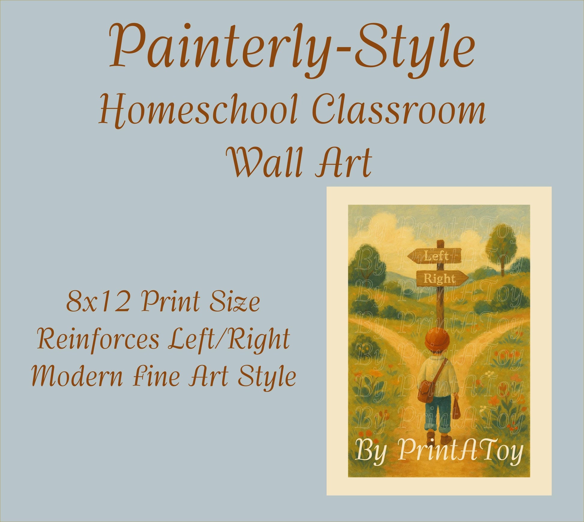 Painterly-style homeschool wall art showing a child standing at a crossroads with signs labeled left and right – printable poster for teaching directions.