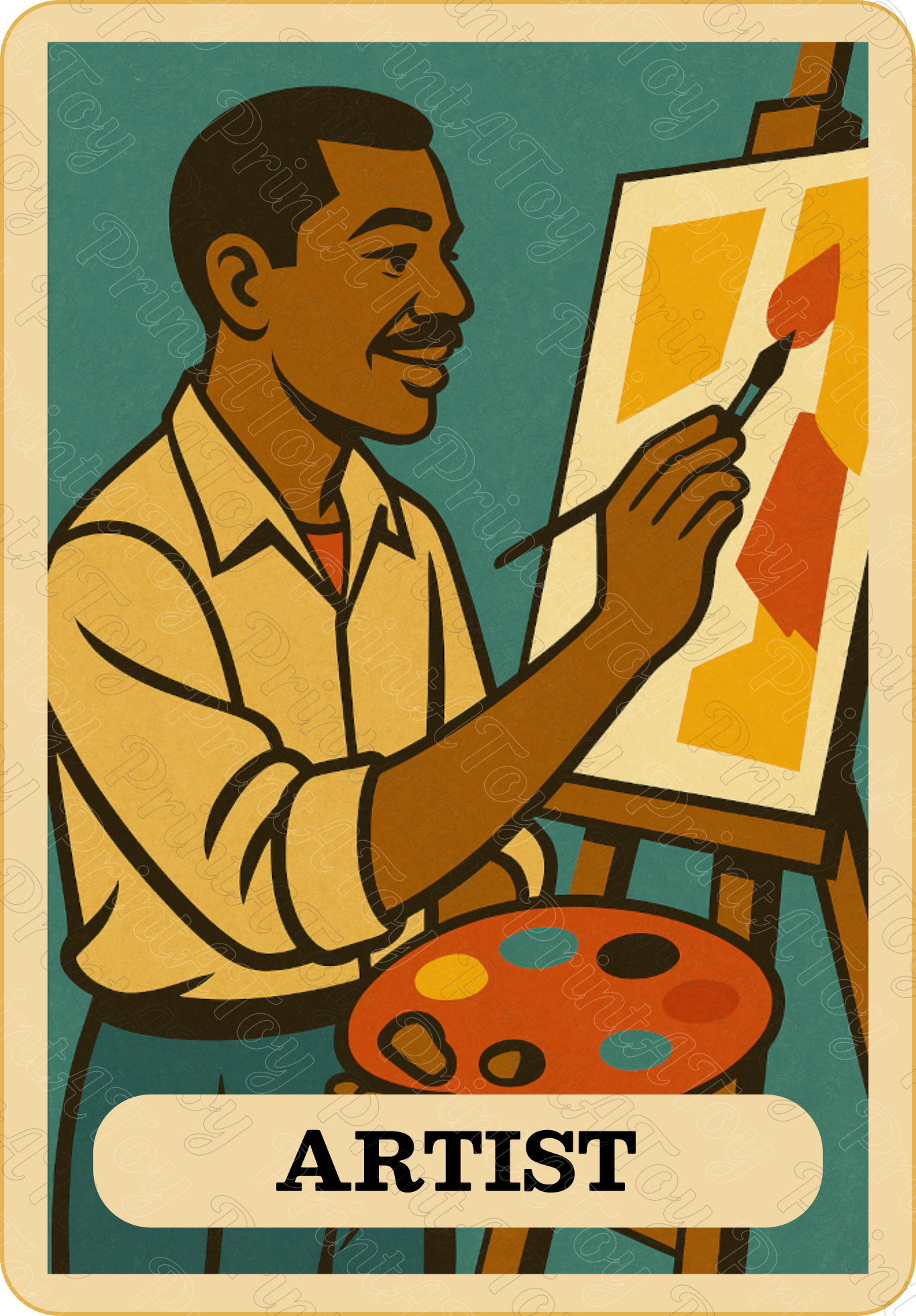 Illustration of an artist painting on an easel with a palette, set against a teal background.
