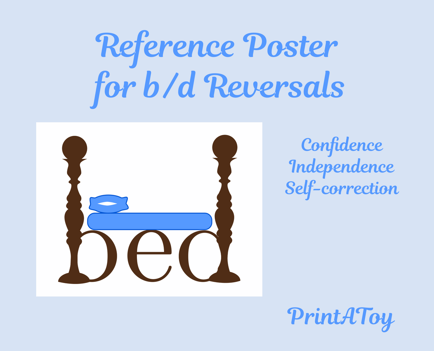 Poster for b/d reversals with 'bed' text and blue and brown design on a light blue background.