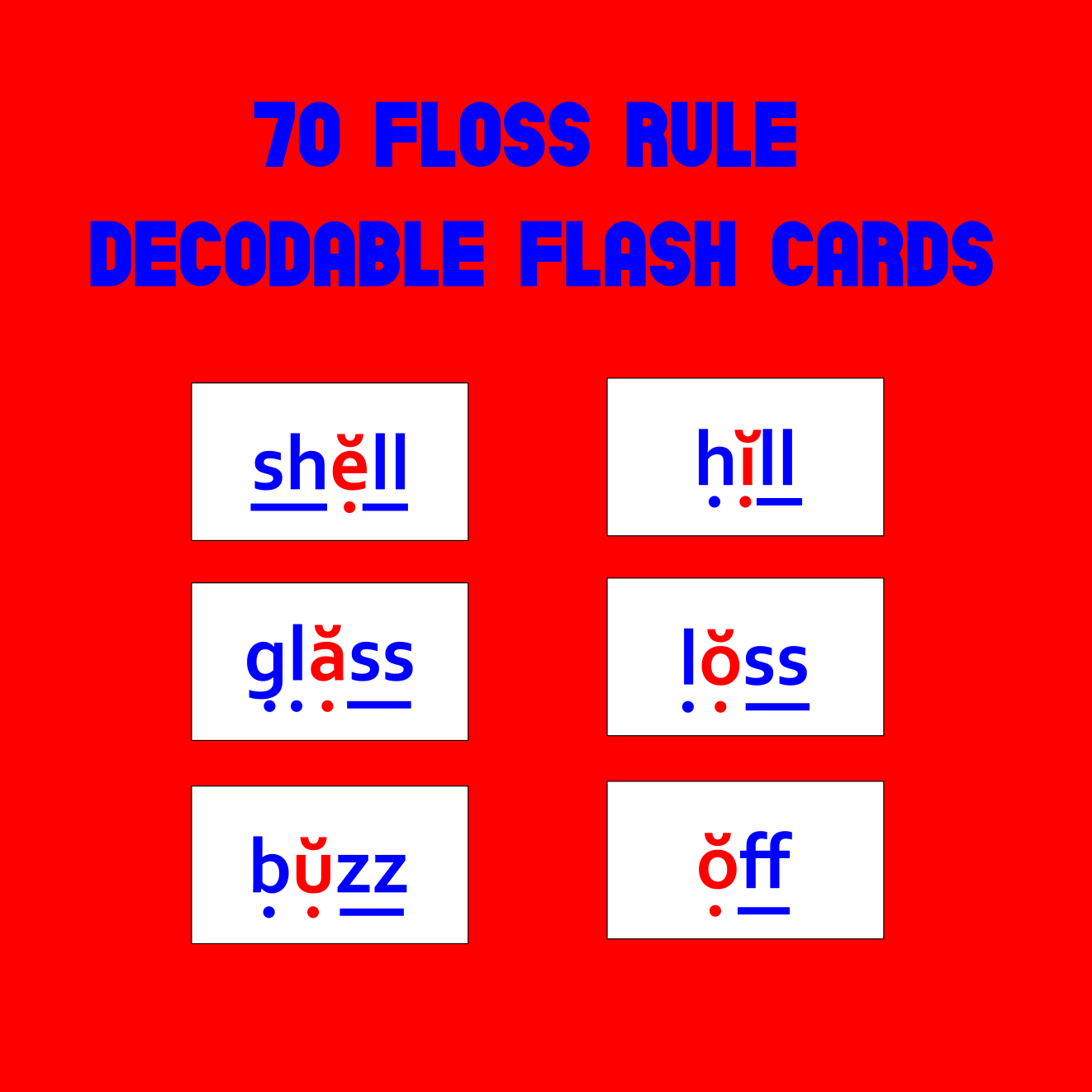 Floss Rule Decodable flash cards with phonetic spellings on a red background