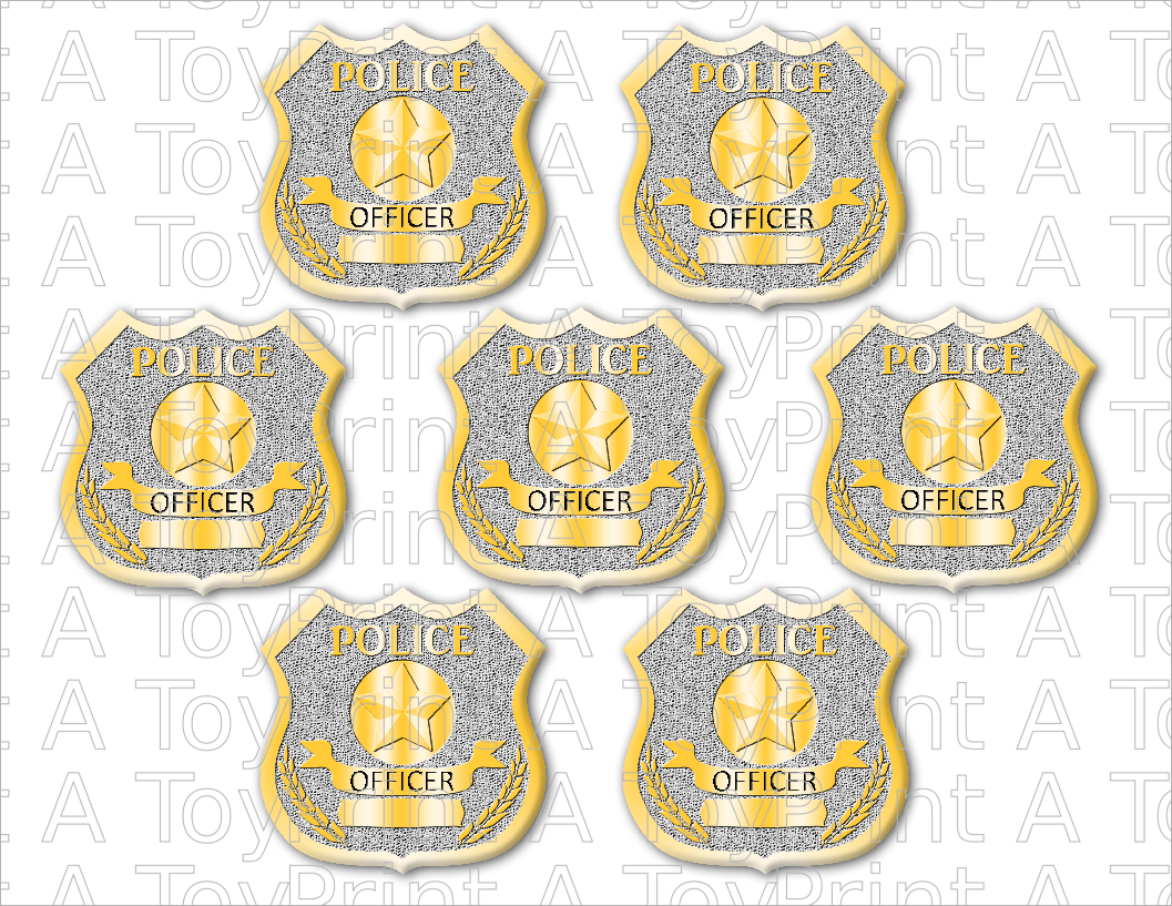 Set of seven police officer badges with gold and silver colors for community helper dress-up