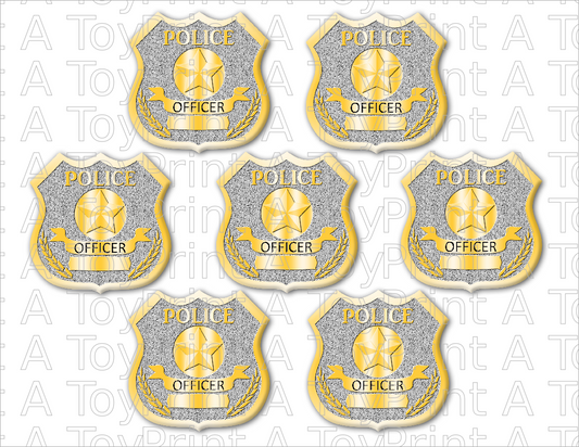 Set of seven police officer badges with gold and silver colors for community helper dress-up