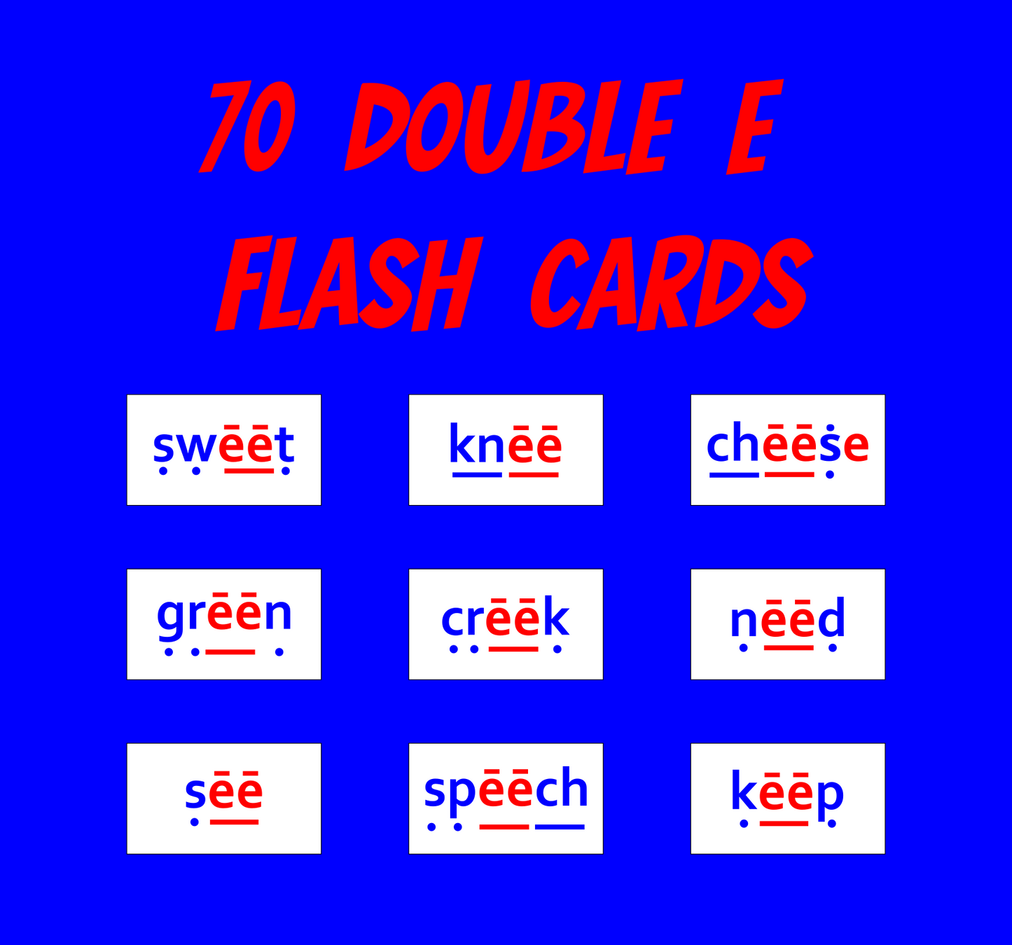 Flash cards with double E words on a blue background. Decodable reading for Orton-Gillhngham Lessons.