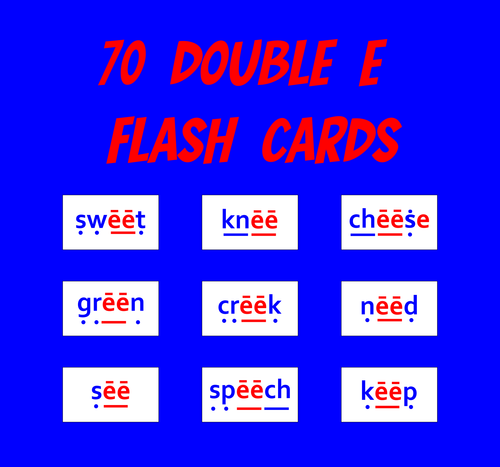 Flash cards with double E words on a blue background. Decodable reading for Orton-Gillhngham Lessons.