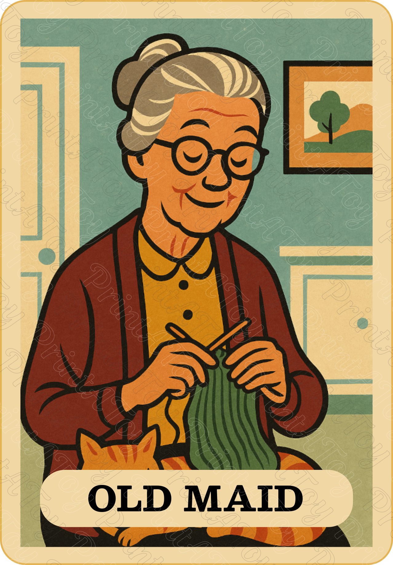 Vintage-style card with an elderly woman knitting, labeled 'OLD MAID', in a home setting.