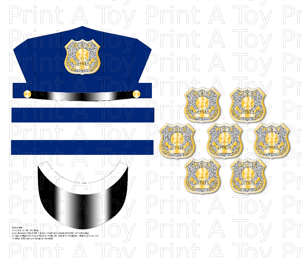 Set of police hat and badge templates for police officer costume.