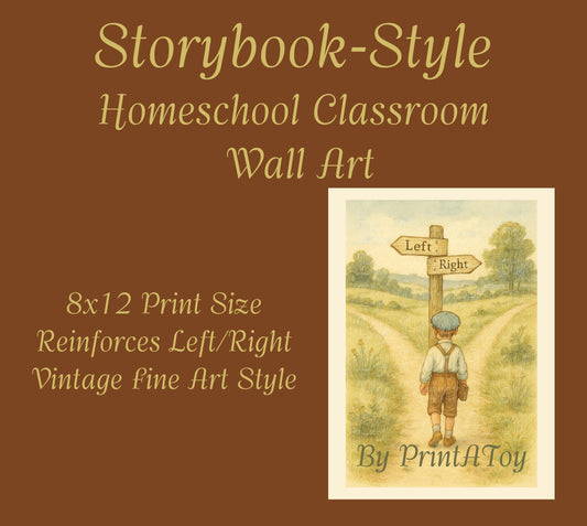 Storybook-style homeschool poster of a boy at a crossroads, used in educational wall art for teaching left and right.