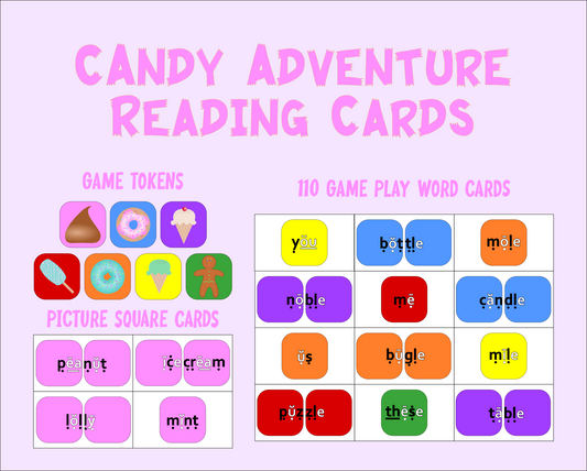 Candy Adventure Decodable Reading Cards – 114 Cards Plus 7 Bonus Game Tokens