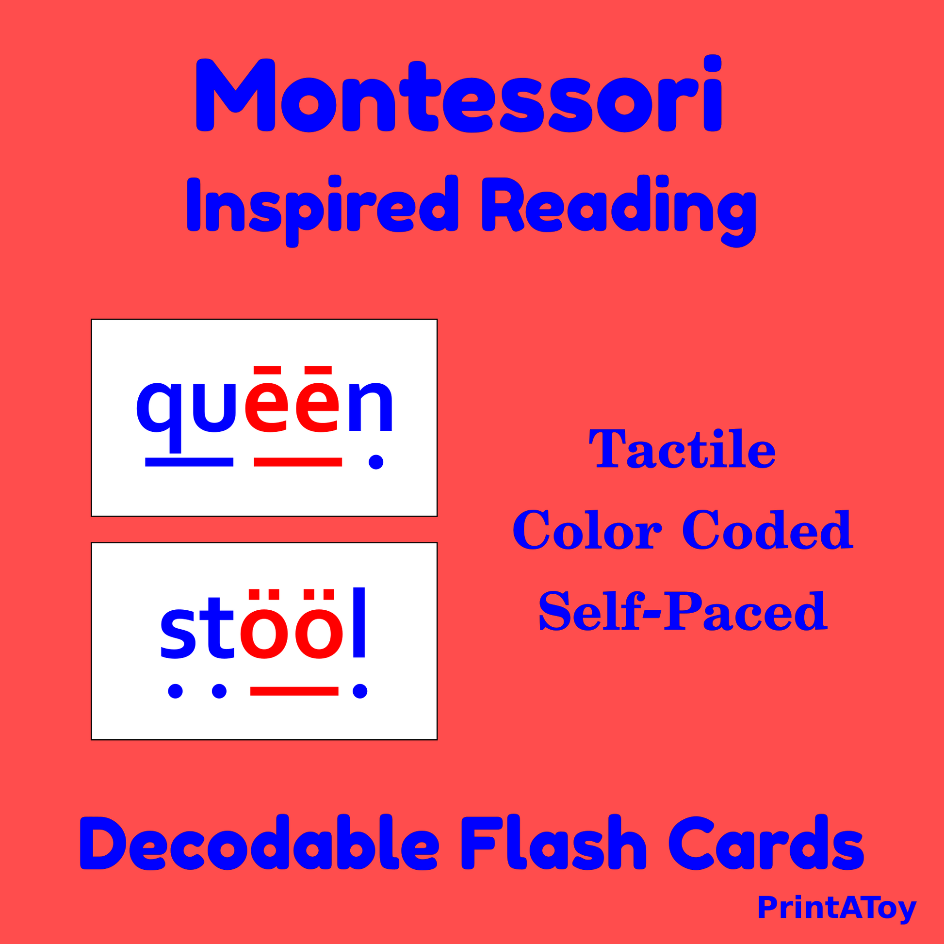 Montessori inspired reading flash cards with color-coded text on a red background