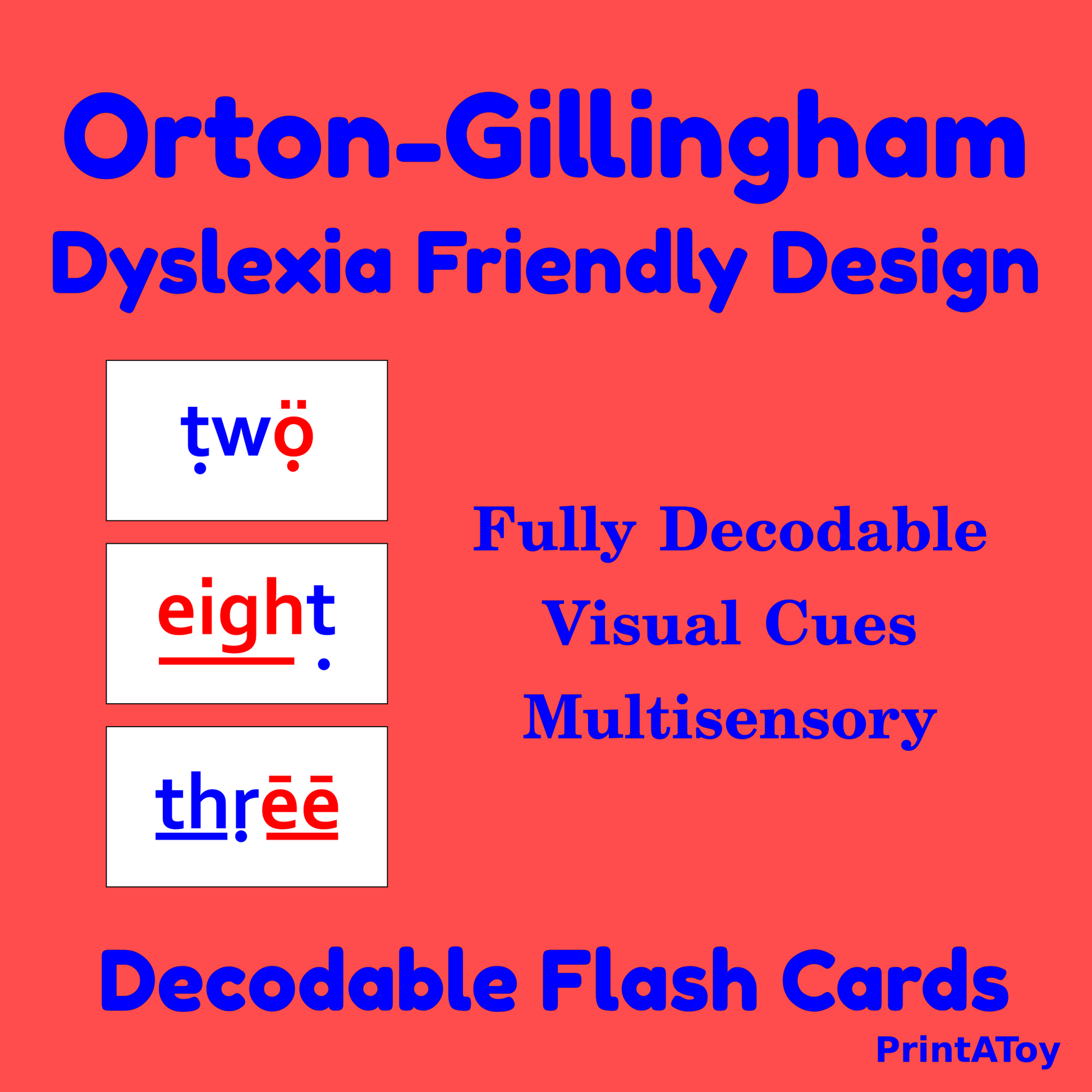 Decodable flash cards with Orton-Gillingham Dyslexia Friendly Design on a red background.