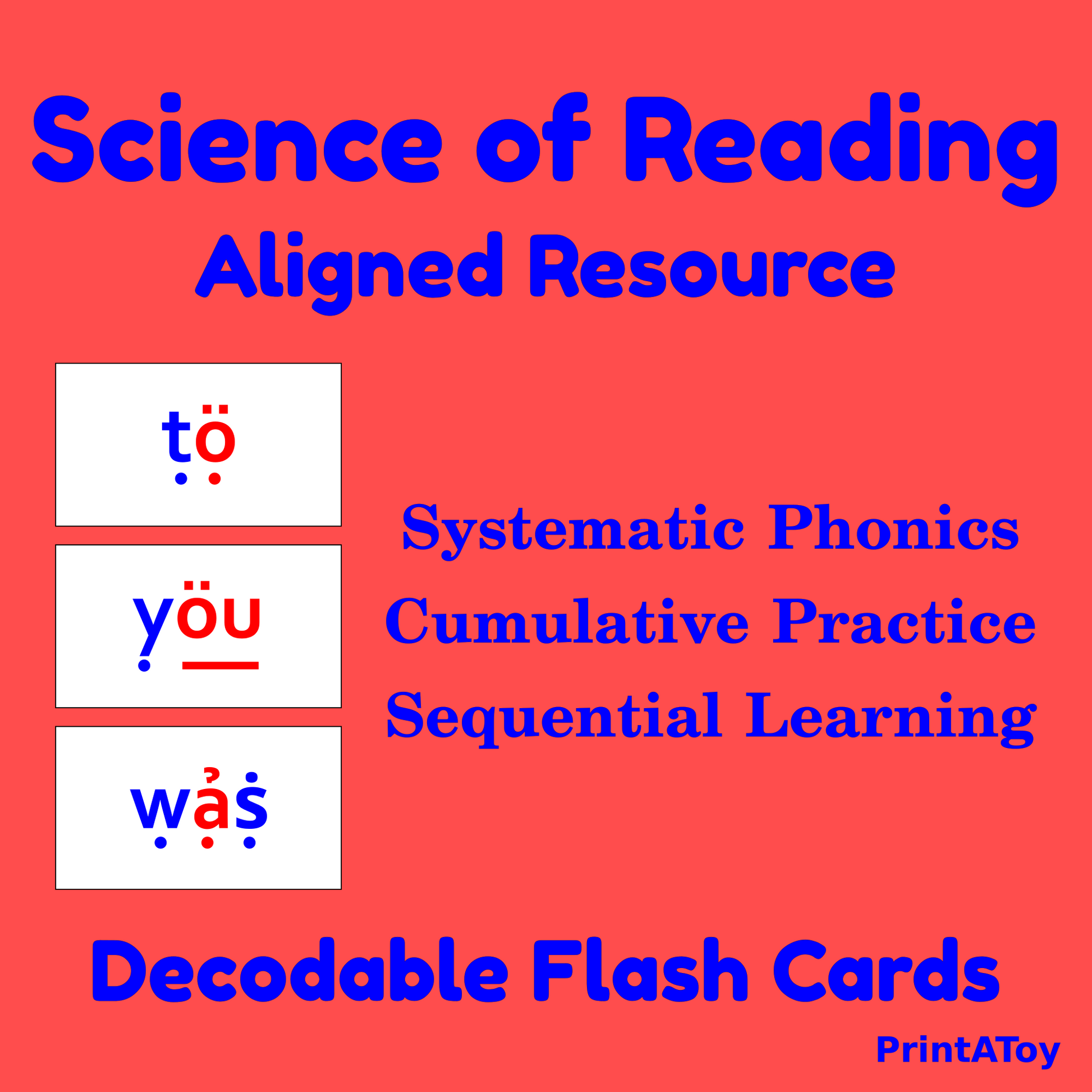 Decodable flash cards for systematic phonics practice on a red background