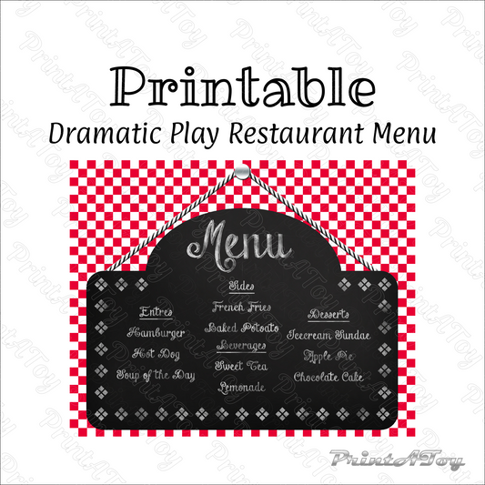 Printable Dramatic Play Restaurant Menu with red and white checkered border