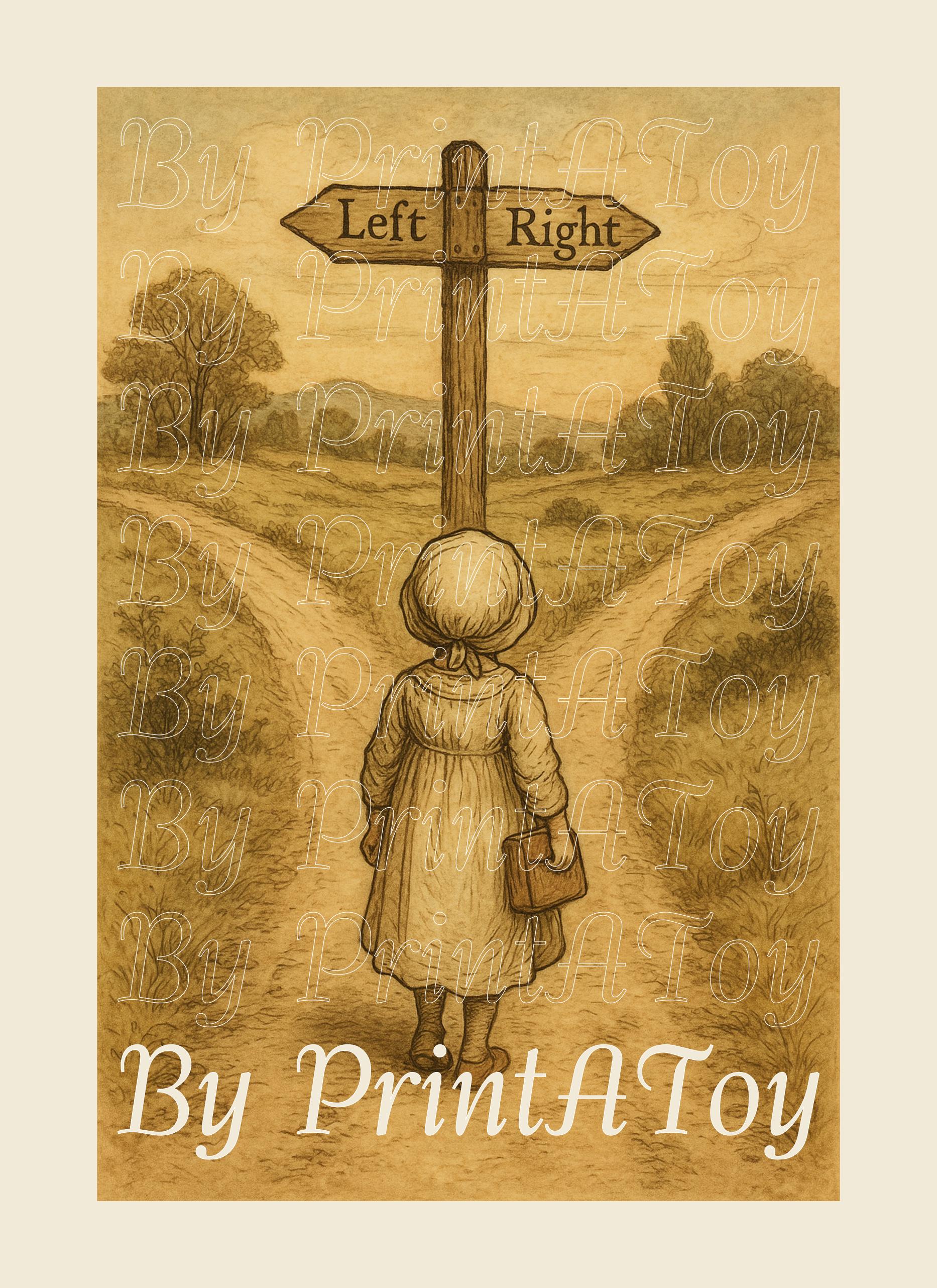 Vintage-style printable poster of a girl standing at a crossroads with signs pointing left and right – homeschool wall art for teaching directions.