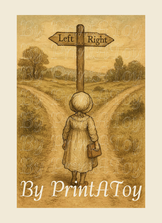 Vintage-style printable poster of a girl standing at a crossroads with signs pointing left and right – homeschool wall art for teaching directions.