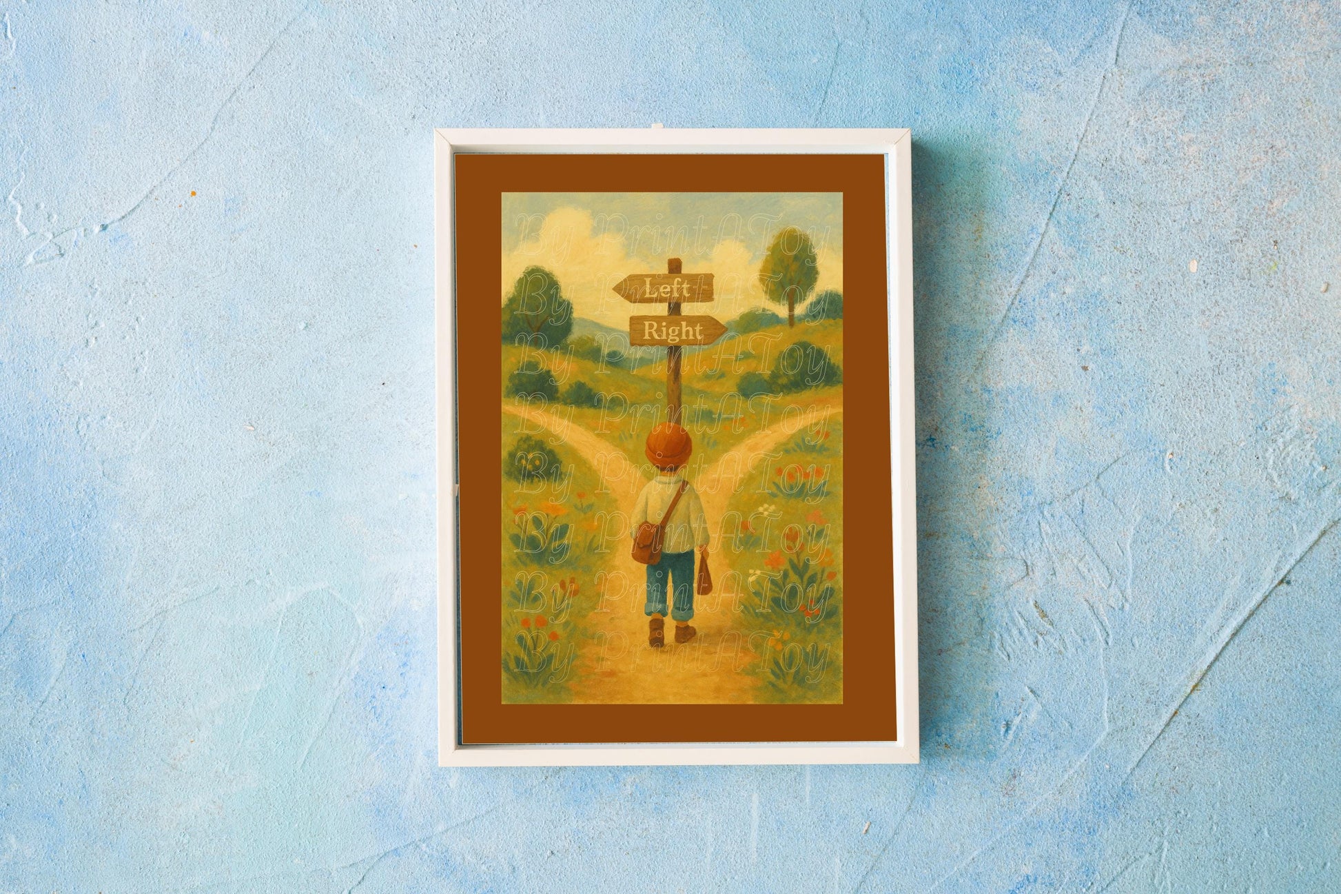 Framed painterly-style homeschool poster of a child at a crossroads with left and right signs, displayed on a desk with a textured blue background – printable wall art for teaching directions.