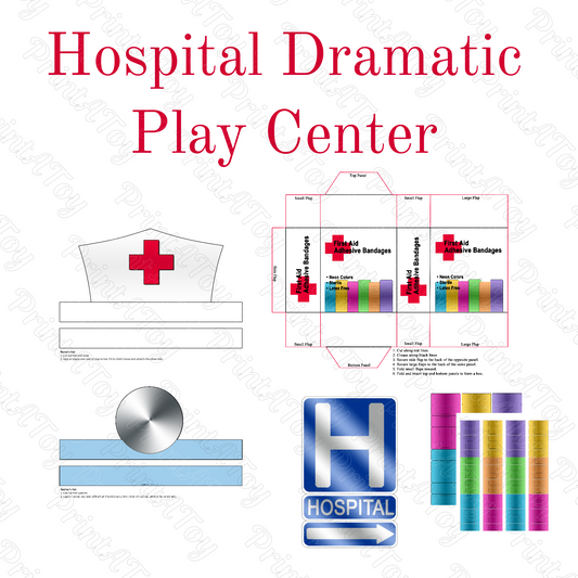 Hospital-themed dramatic play center materials with a nurse's hat, bandages, and hospital sign.