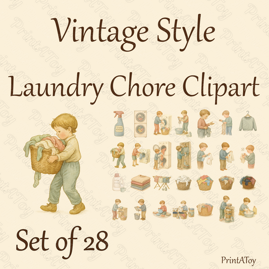Vintage Watercolor Laundry Chore Clipart | 28 Retro-Style Children’s Chores Art