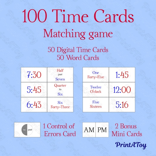 100 Printable Telling Time Matching Cards | Montessori Color-Coded Flash Cards