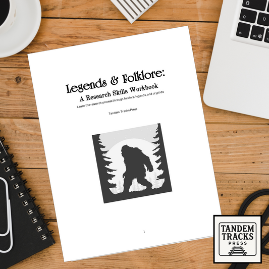 Legends and folklore, a Research skills workbook, guided research paper curriculum For middle school students displayed on a wooden desk.