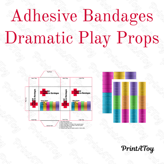 Colorful adhesive bandages with packaging template for dramatic play centers.