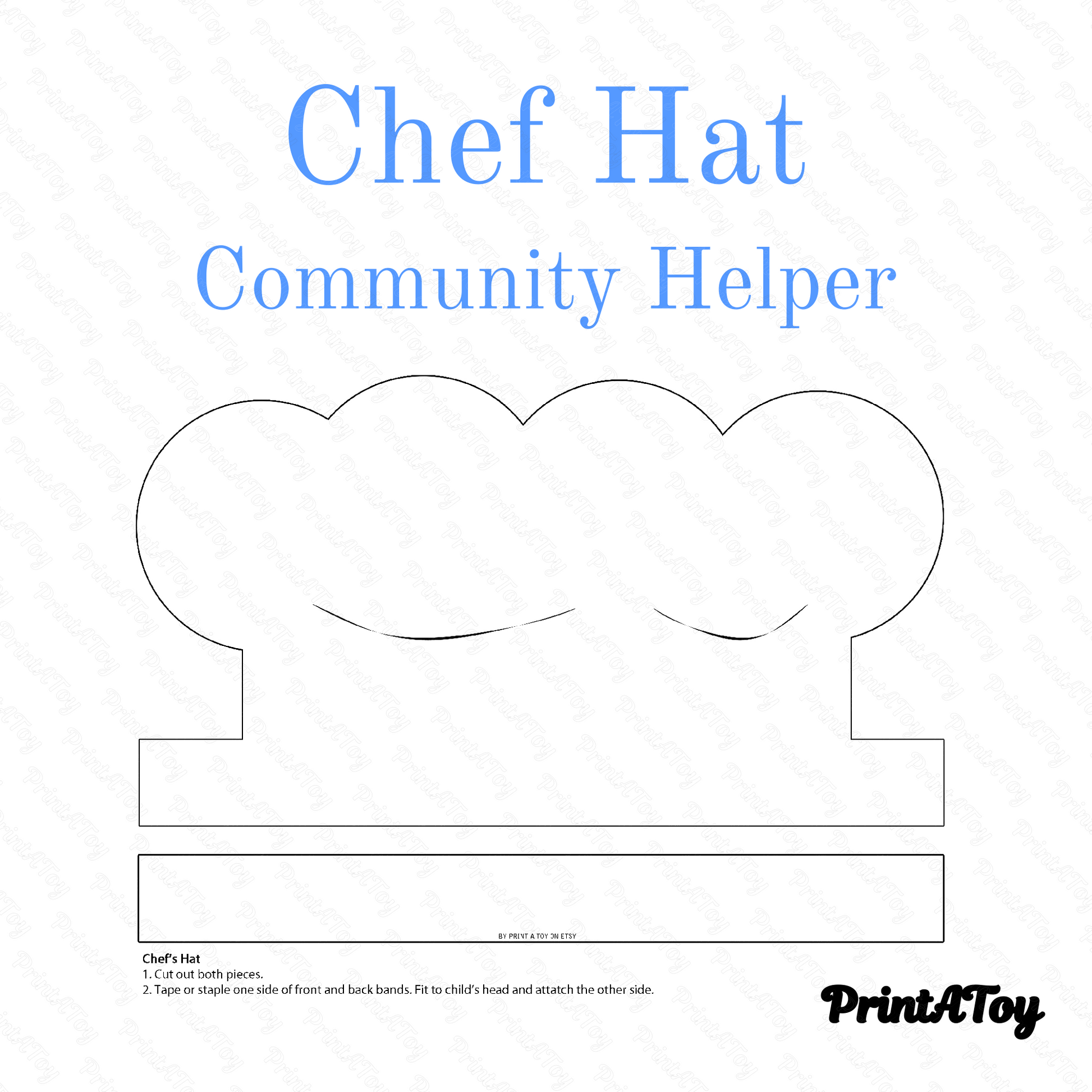 Printable classic white chef’s hat template, displayed flat for community helper and dramatic play activities.