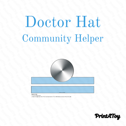 Printable doctor’s hat template with blue band and silver head mirror, displayed flat for community helper and dramatic play activities.