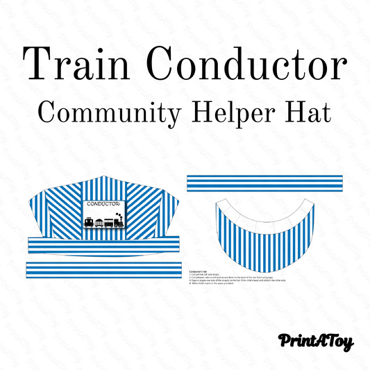 Printable conductor’s hat template with blue stripes, displayed flat for community helper and dramatic play activities.