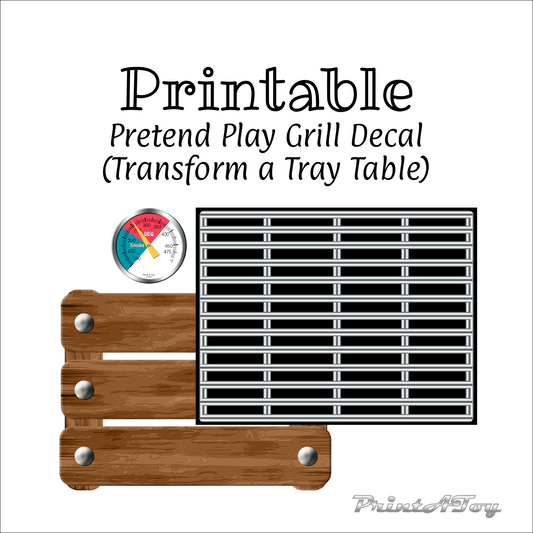 Printable pretend play grill decal with wooden parts and metal grill on a white background.